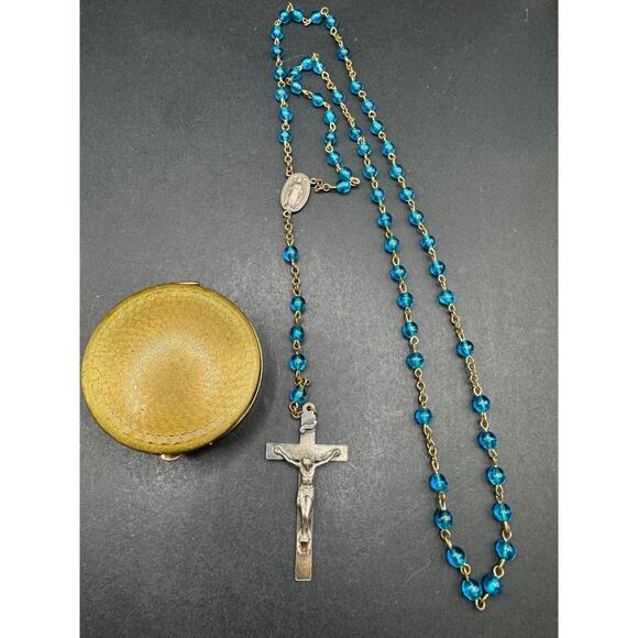 Vintage Catholic Aqua Blue Glass Rosary Silver Tone Crucifix w/ Gold Tone Case - Picture 1 of 11